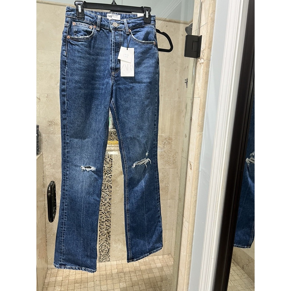 Zara Womens 4Denim Bootcut Jeans Blue High Rise Distressed Button Fly New NWT 4